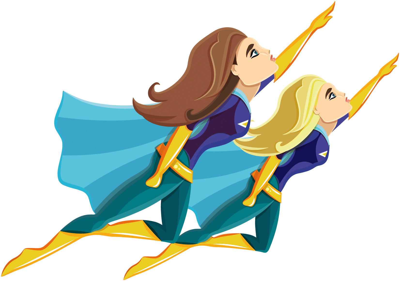 Illustration de deux super-héroïnes volant côte à côte, symbolisant la réactivité, l’efficacité et le dynamisme des services administratifs. Une image inspirante pour représenter une équipe dédiée à la gestion et au soutien administratif performant.