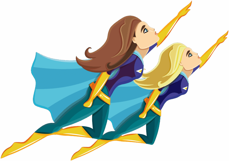 Illustration de deux super-héroïnes volant côte à côte, symbolisant la réactivité, l’efficacité et le dynamisme des services administratifs. Une image inspirante pour représenter une équipe dédiée à la gestion et au soutien administratif performant.